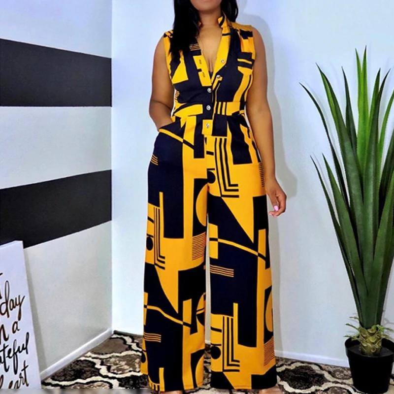 Wide leg Jumpsuit fashion sexy V-neck sleeveless contrast color button Jumpsuit 
Wide leg Jumpsuit fashion sexy V-neck sleeveless contrast color button Jumpsuit