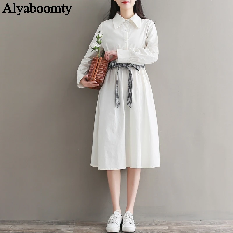 

Женское платье в японском стиле преппи, белое элегантное хлопковое платье с отложным воротником, клетчатое милое платье с длинным рукавом и...