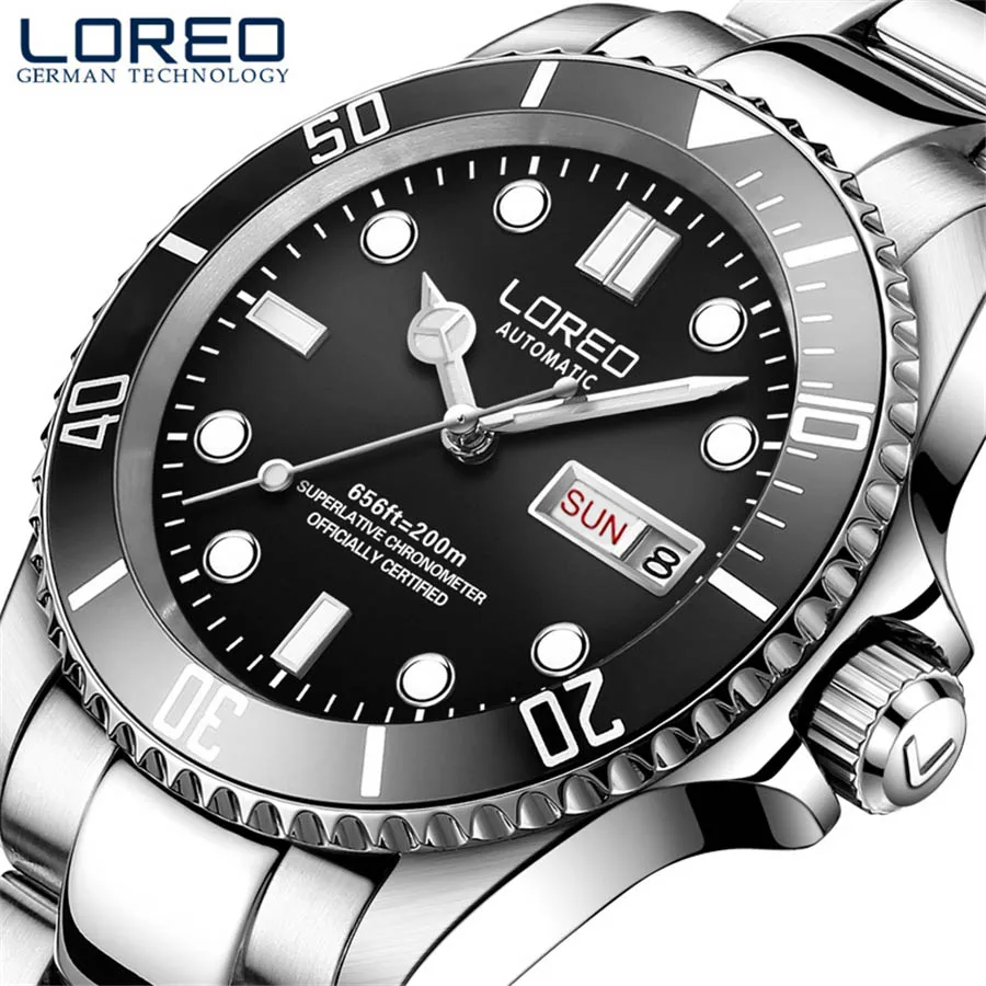 

LOREO 200M Diving Mechanical Watch Men 316L Stainless steel Luminous Week Date Sapphire Waterproof Automatic Watches Mens 9203