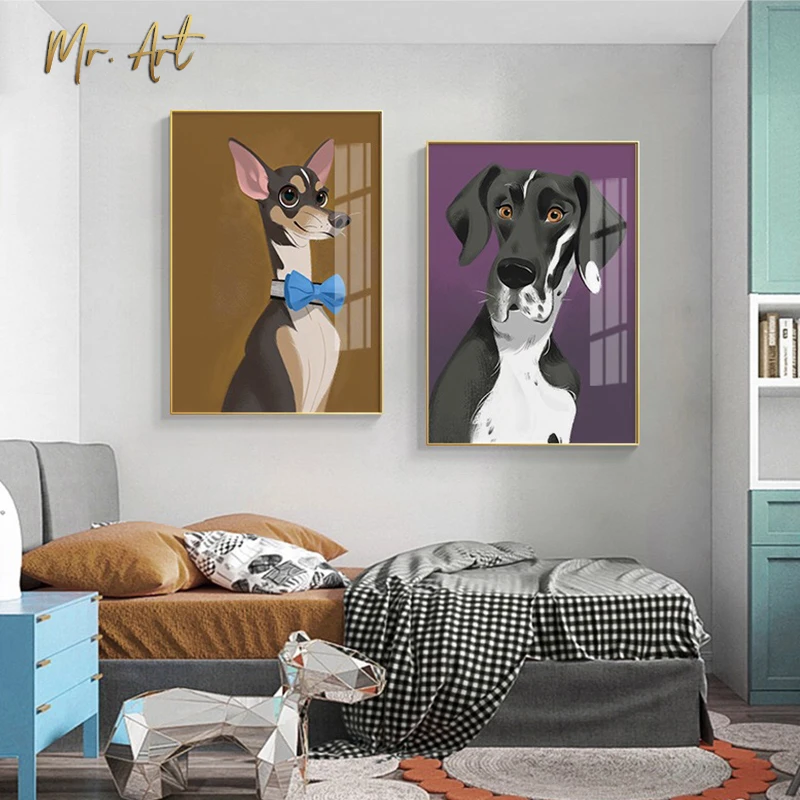 Картина на холсте с милыми животными плакат мультяшной собакой и котом печать в