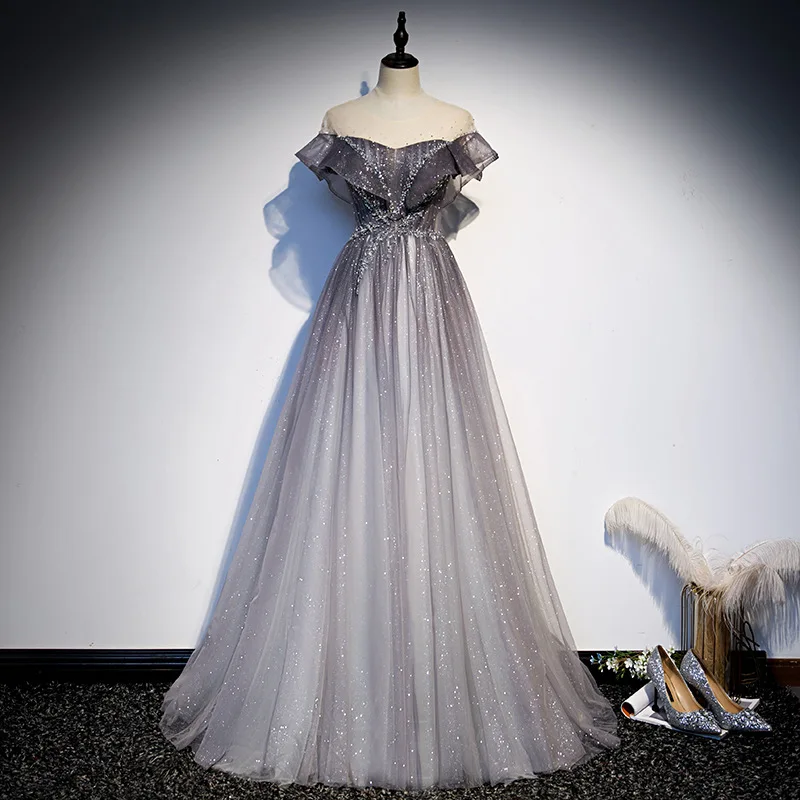 Luxury Shiny Gray Evening Dresses Off Shoulder O-Neck Long Beading Sweep Train A-Line Illusion Cocktail Party Formal Prom Gowns
Luxury Shiny Gray Evening Dresses Off Shoulder O-Neck Long Beading Sweep Train A-Line Illusion Cocktail Party Formal Prom Gowns