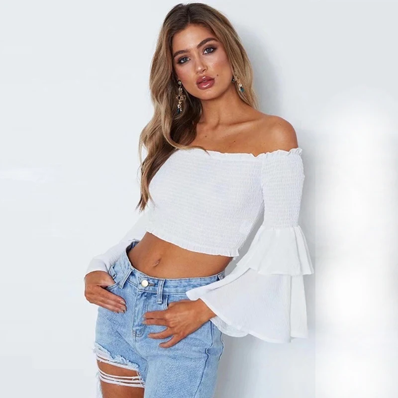 GAOKE Sexy Off Shoulder Shirts New Fashion Elegant Women Crop Tops Sweet Ruffle Flare Sleeve Blouse Women Blusas
GAOKE Sexy Off Shoulder Shirts New Fashion Elegant Women Crop Tops Sweet Ruffle Flare Sleeve Blouse Women Blusas
