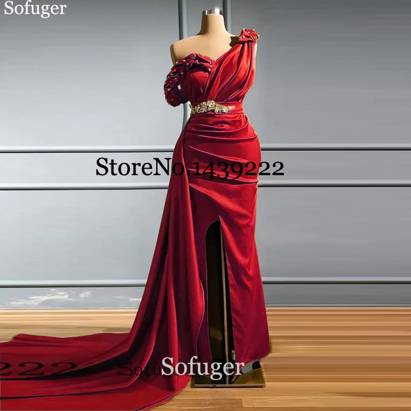 Фото Красное сатиновое вечернее платье русалки плоские с одной стороны перламутровые