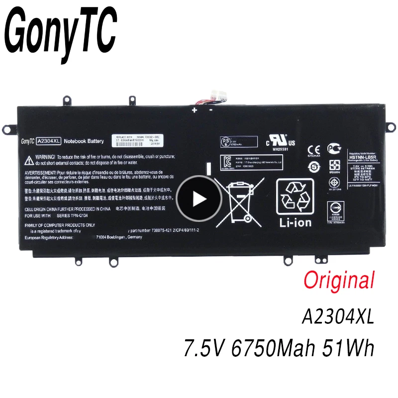 GONYTC original A2304XL Battery For HP CHROMEBOOK 14-Q 14-Q010NR 14-Q020NR TPN-Q134 738075-421 HSTNN-LB5R 
GONYTC original A2304XL Battery For HP CHROMEBOOK 14-Q 14-Q010NR 14-Q020NR TPN-Q134 738075-421 HSTNN-LB5R