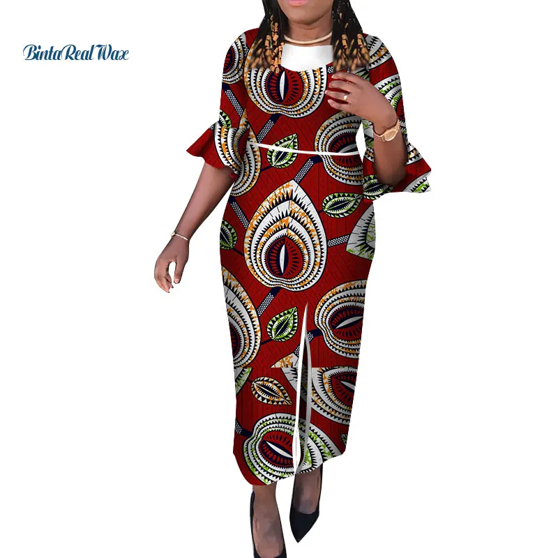 

Bazin Riche African Dresses for Women Ruffles Sleeve Ankara Print Long Dress Dashiki Traditional African Design Clothing WY3490