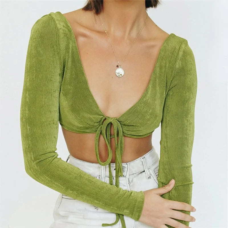 Sexy Backless V-neck Drawstring Women T-shirts Green Long Sleeve Short Tops Ladies Women Sexy Tops
Sexy Backless V-neck Drawstring Women T-shirts Green Long Sleeve Short Tops Ladies Women Sexy Tops