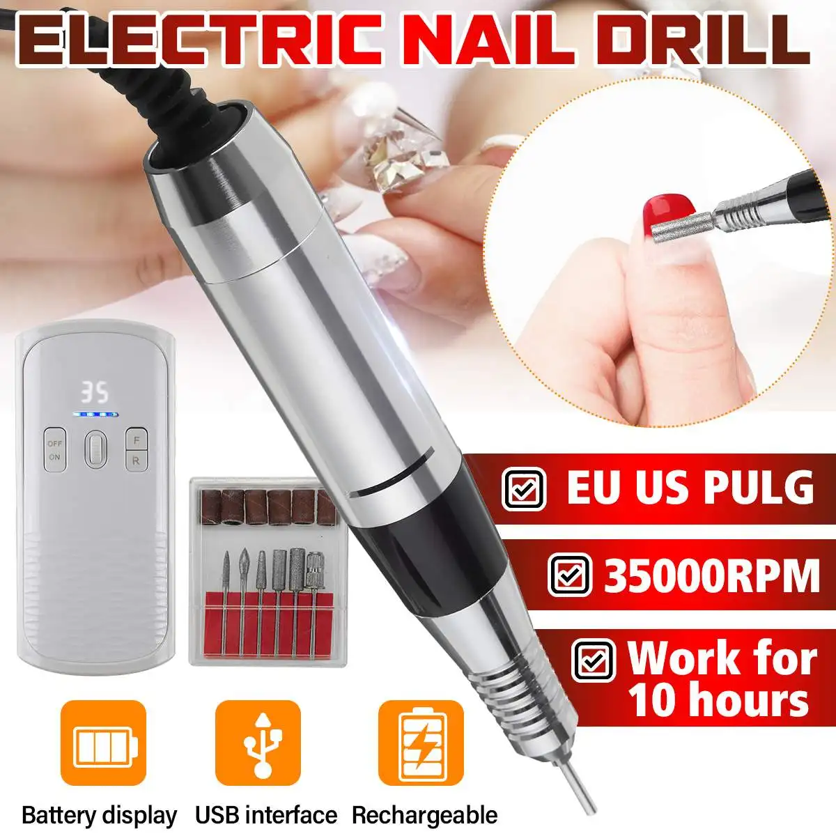 Portable Rechargeable Nail Drill Machine 35000RPM Manicure Machine Electric Nail File Nail Art Tools Set with Nail Drill Bits
Portable Rechargeable Nail Drill Machine 35000RPM Manicure Machine Electric Nail File Nail Art Tools Set with Nail Drill Bits