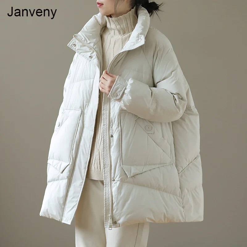 

Janveny зимняя осенняя куртка-пуховик женское 90% пальто из белого утиного пуха женские свободные пальто средней длины для хлеба парки с перьями...