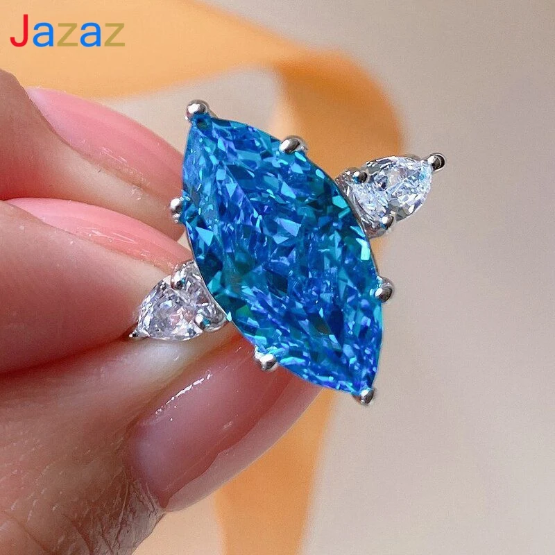 

Jazaz 100% 925 Sterling Silver Wrdding Rings For Women OL Sparkling Horse Eye Aquamarine High Carbon Diamond Fine Jewelry B0890