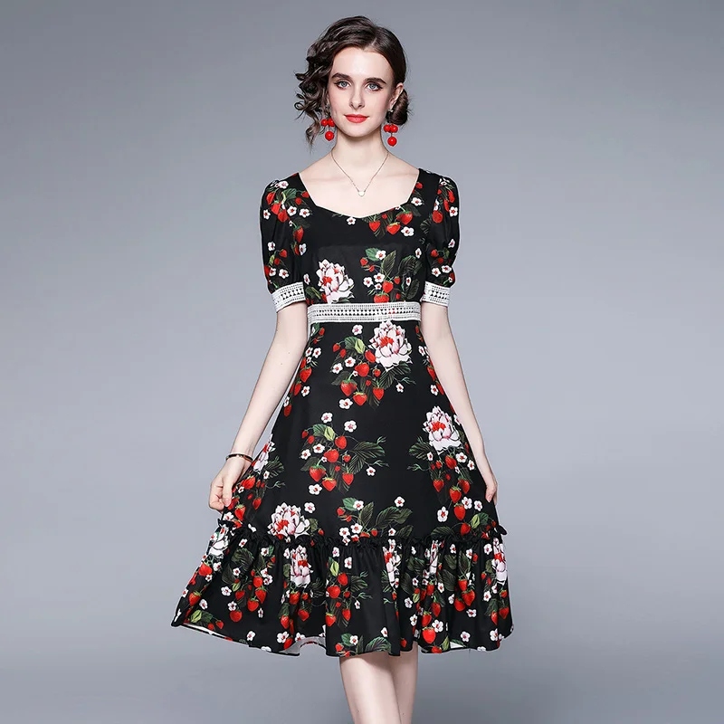 Fashion Summer High Waist Lace Trims Ruffles Midi Vestido Elegant Fruit Flower Print Square Collar Puff Short Sleeve Women Dress
Fashion Summer High Waist Lace Trims Ruffles Midi Vestido Elegant Fruit Flower Print Square Collar Puff Short Sleeve Women Dress