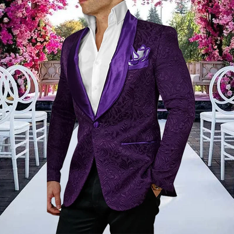 Фиолетовый костюм мужской вечерний из 2 предметов с принтом пейсли сатиновый