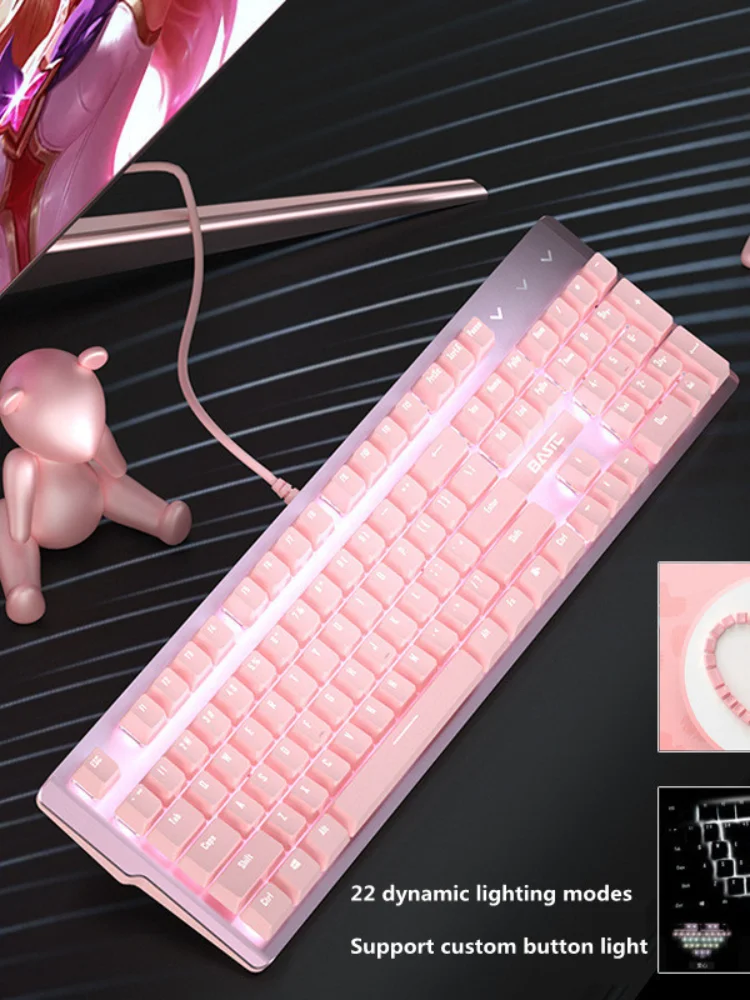 New girly pink gaming mechanical wired keyboard 104-key USB interface white backlight is suitable for gamers PC laptops
New girly pink gaming mechanical wired keyboard 104-key USB interface white backlight is suitable for gamers PC laptops