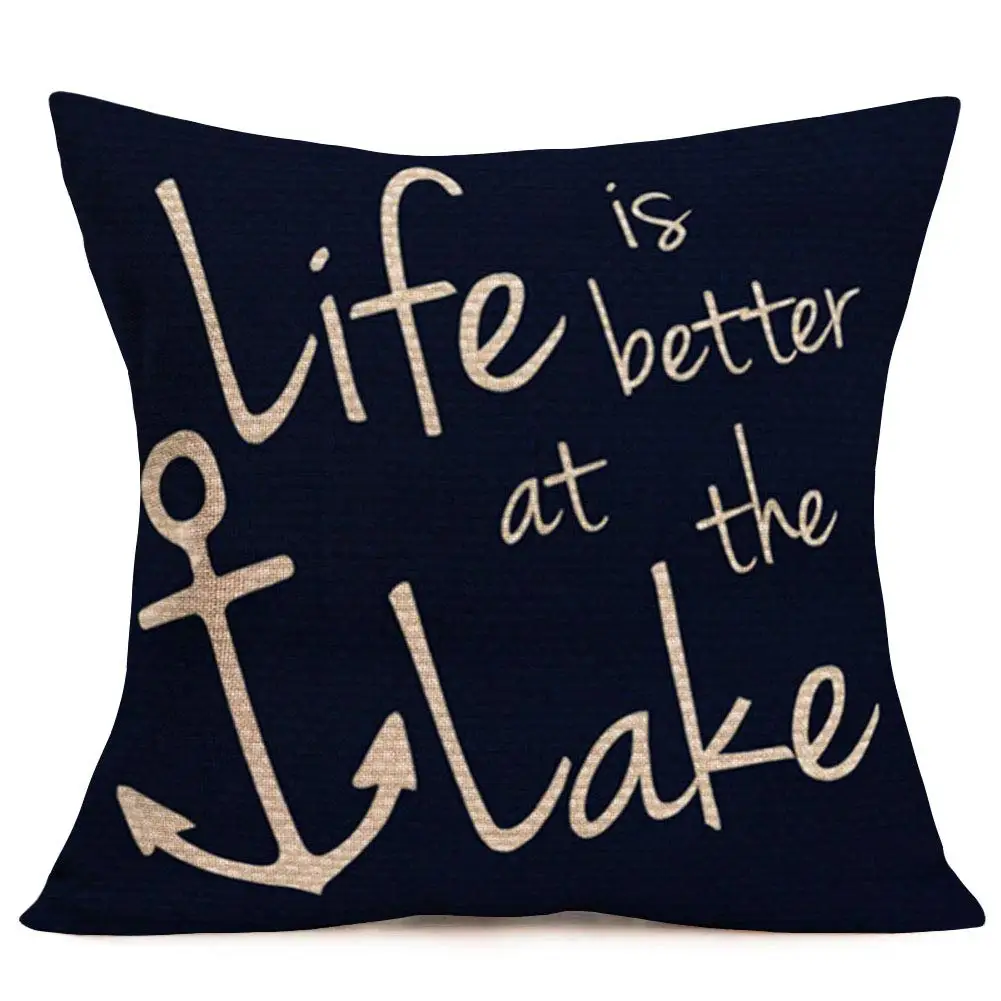 

Life is Better at The Lake Inspirational Quote Lettering Pillow Covers Decorative Ocean Nautical Boat Anchor Simple Accent