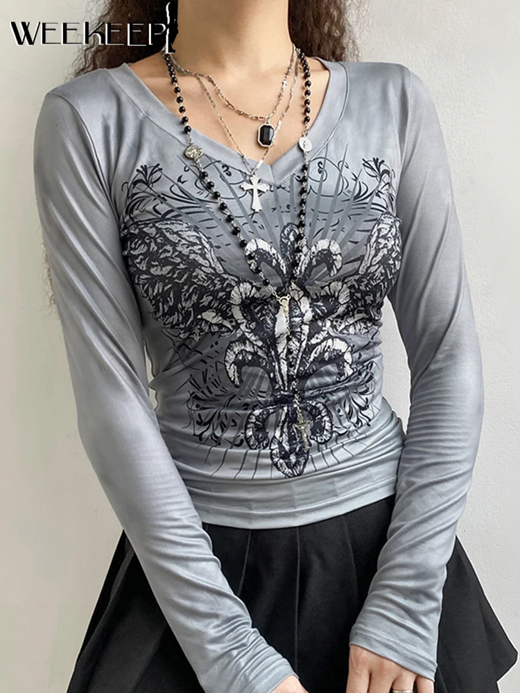 Weekeep Gray Print t-shirt Women Long Sleeve V Neck Fashion Vintage Grunge 2000s Crop Top Y2k Aesthetic Tee Shirts Harajuku 2022
Weekeep Gray Print t-shirt Women Long Sleeve V Neck Fashion Vintage Grunge 2000s Crop Top Y2k Aesthetic Tee Shirts Harajuku 2022