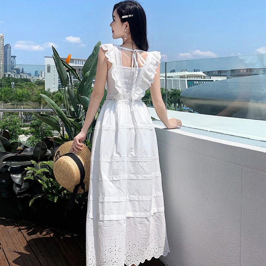 2020 Summer Sexy Sleeveless V-neck Ruffles White Lace Dress Women Fashion Elegant Solid Vestidos Holiday Beach Party Dresses 
2020 Summer Sexy Sleeveless V-neck Ruffles White Lace Dress Women Fashion Elegant Solid Vestidos Holiday Beach Party Dresses
