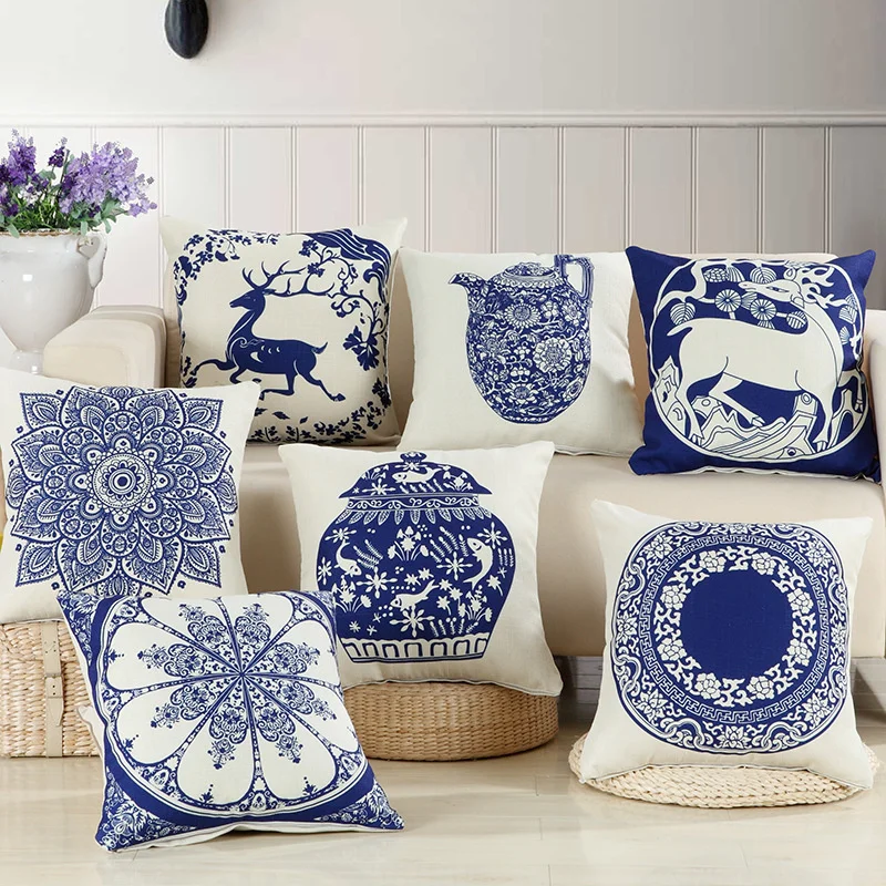 

Cotton Linen Pillow Cover Chinese Style Decorative Pillows Retro Blue And White Porcelain Florals Pattern Cushion