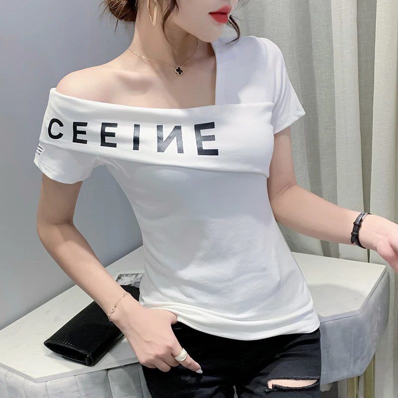 Korean style Summer The New Off Shoulders T Shirt Women Short sleeve printing Slim Tshirt Tops woman t shirts Large size 
Korean style Summer The New Off Shoulders T Shirt Women Short sleeve printing Slim Tshirt Tops woman t shirts Large size