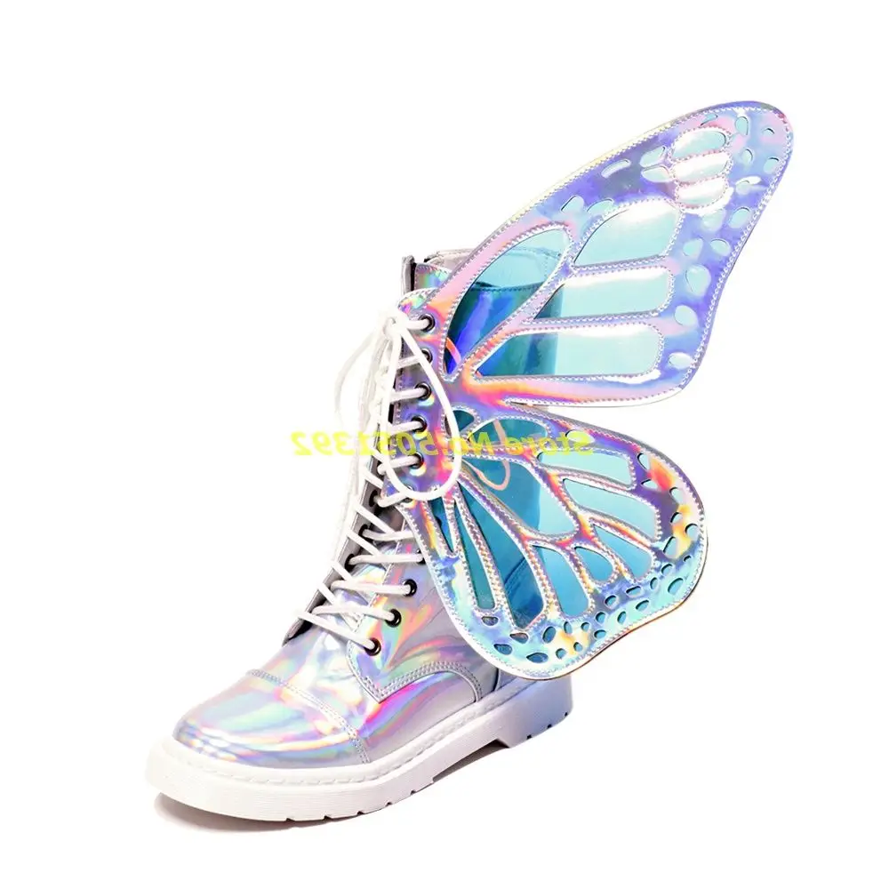 

Laser Novelty Boots Butterfly Knot Muffin Heels Round Toe Colorful Women Party Shoes Lace Up Unique Shoes Glitter Runway Shoes