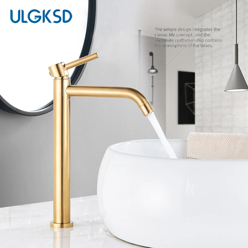 

Brushed Golden Bathroom Basin Faucets Deck Mounted Tall Taps Spout Vanity Sink Mixer Tap For Bathroom Torneira