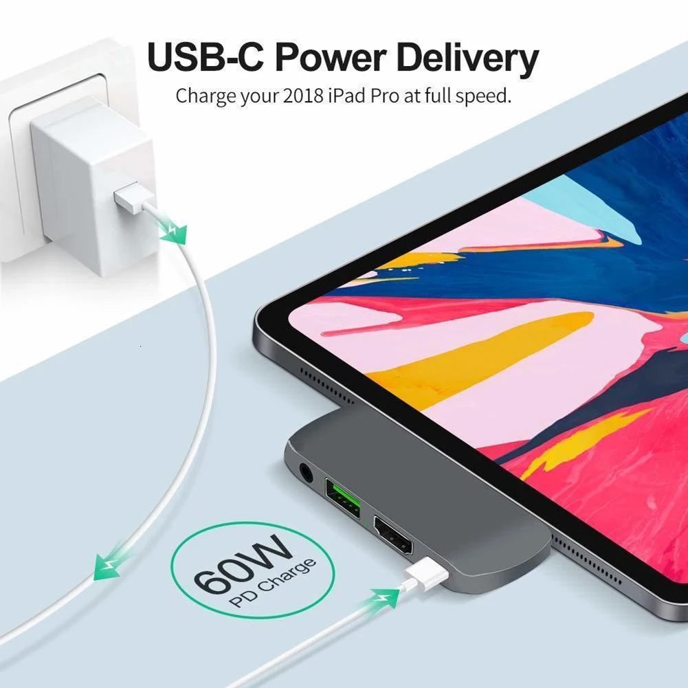 4 in 1 USB C Hub USB Type C Hub to USB 3.0 60W PD Charging 3.5mm Audio Jack 4K HDMI-compatible Adapter for iPad Pro 2018
4 in 1 USB C Hub USB Type C Hub to USB 3.0 60W PD Charging 3.5mm Audio Jack 4K HDMI-compatible Adapter for iPad Pro 2018
