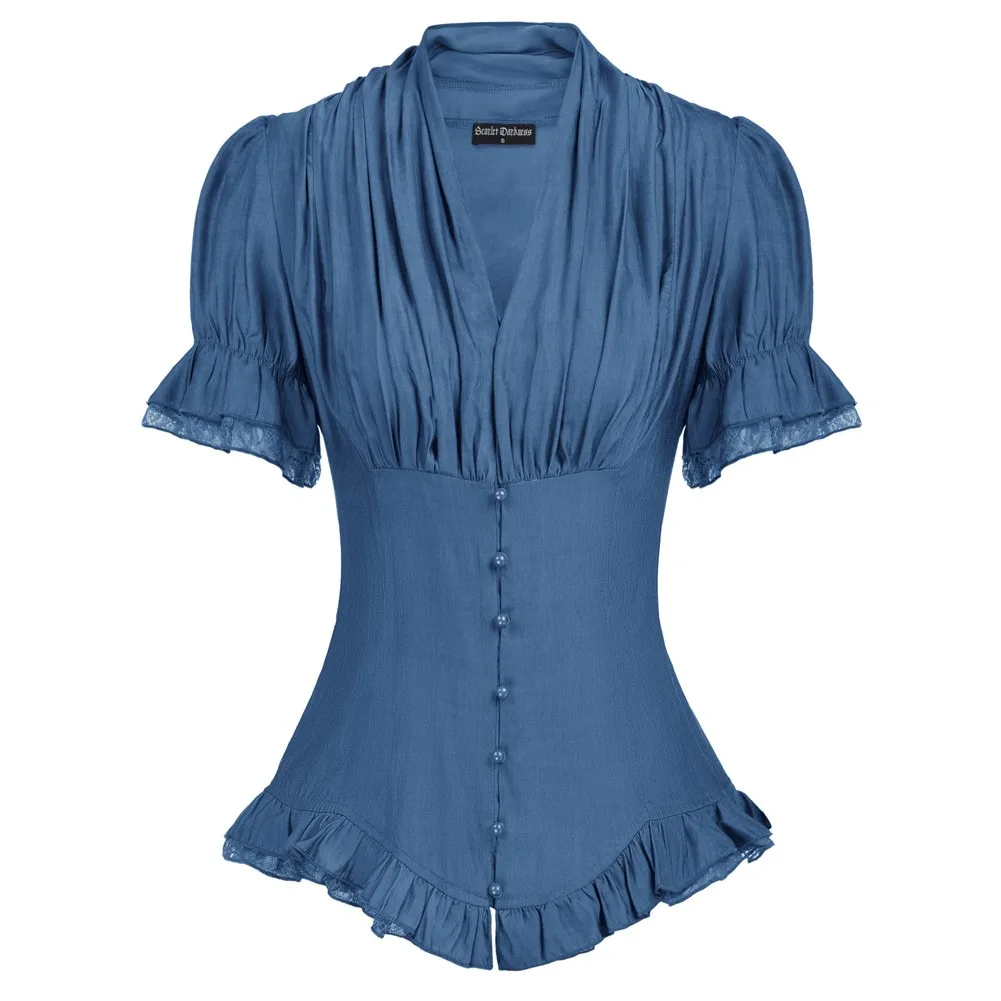 Summer Shirts Women Renaissance Tops Short Sleeve V-Neck Buttons Decorated Slim Back Lace-up Retro Punk Ruffled Blouse Ladies
Summer Shirts Women Renaissance Tops Short Sleeve V-Neck Buttons Decorated Slim Back Lace-up Retro Punk Ruffled Blouse Ladies
