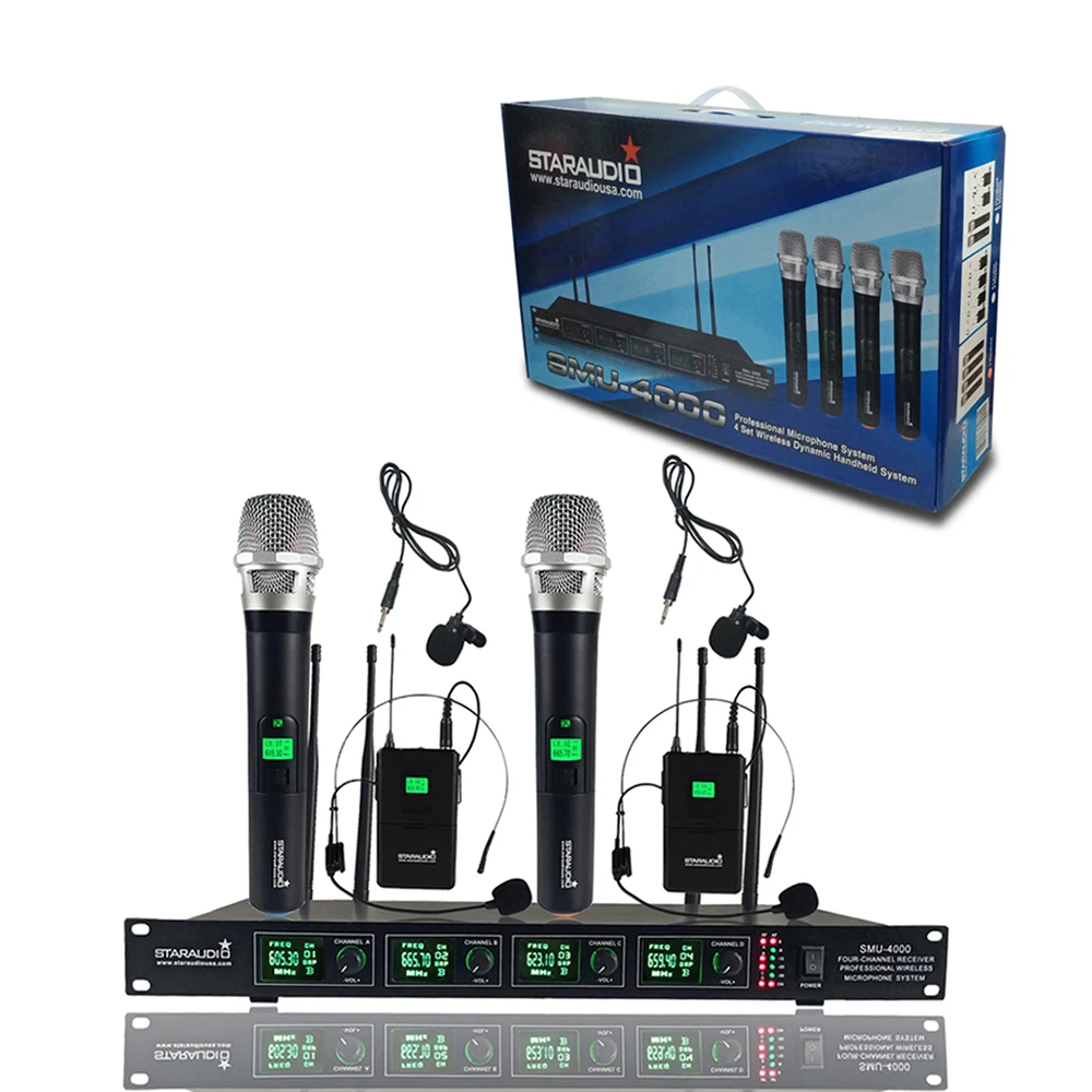 Pro 4 Channel UHF Wireless Microphone System Dual Handheld Dual Headset Bodypack Transmitter Receiver Microphones SMU-4000AB
Pro 4 Channel UHF Wireless Microphone System Dual Handheld Dual Headset Bodypack Transmitter Receiver Microphones SMU-4000AB