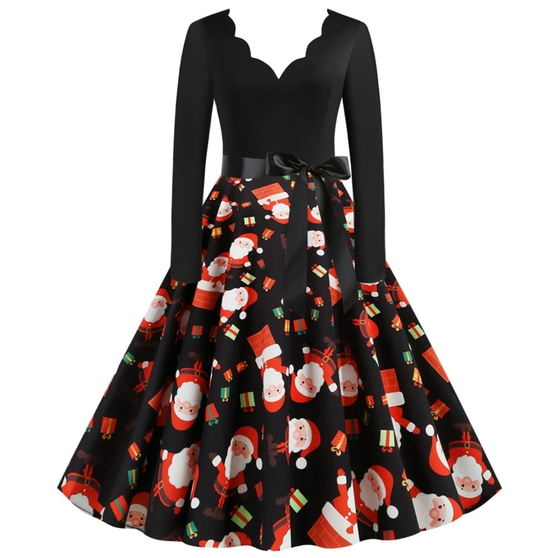 Women Christmas Long Sleeve V-Neck Santa Print Tie Waist Midi Long Swing Dress A0NF
Women Christmas Long Sleeve V-Neck Santa Print Tie Waist Midi Long Swing Dress A0NF