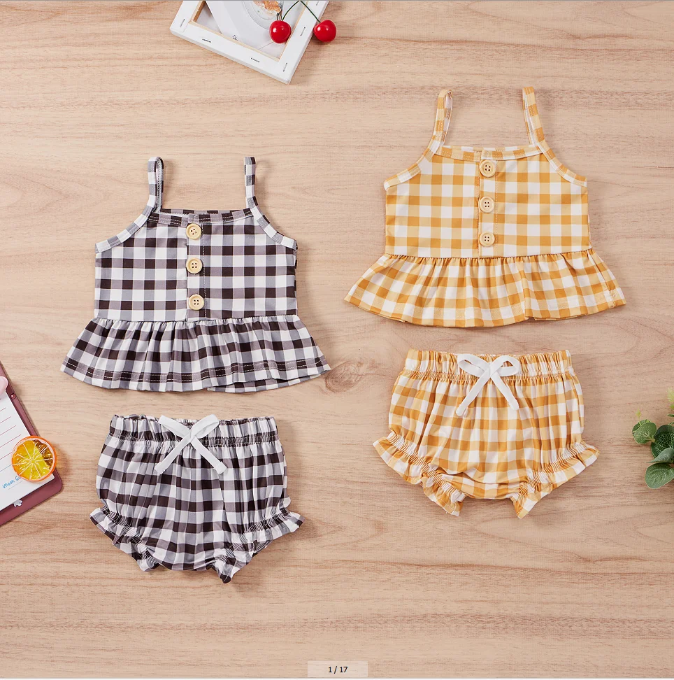 Baby Girls Summer Two Piece Set Fashion Plaid Suspender Tops and Ruffles Triangle Short Pants
Baby Girls Summer Two Piece Set Fashion Plaid Suspender Tops and Ruffles Triangle Short Pants