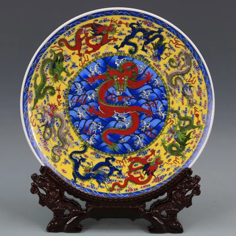 

10" Antique Old China Qing Qianlong Porcelain Famille Rose Dragon Plate Collection Ornaments Home Decor Desk Decoration Gift