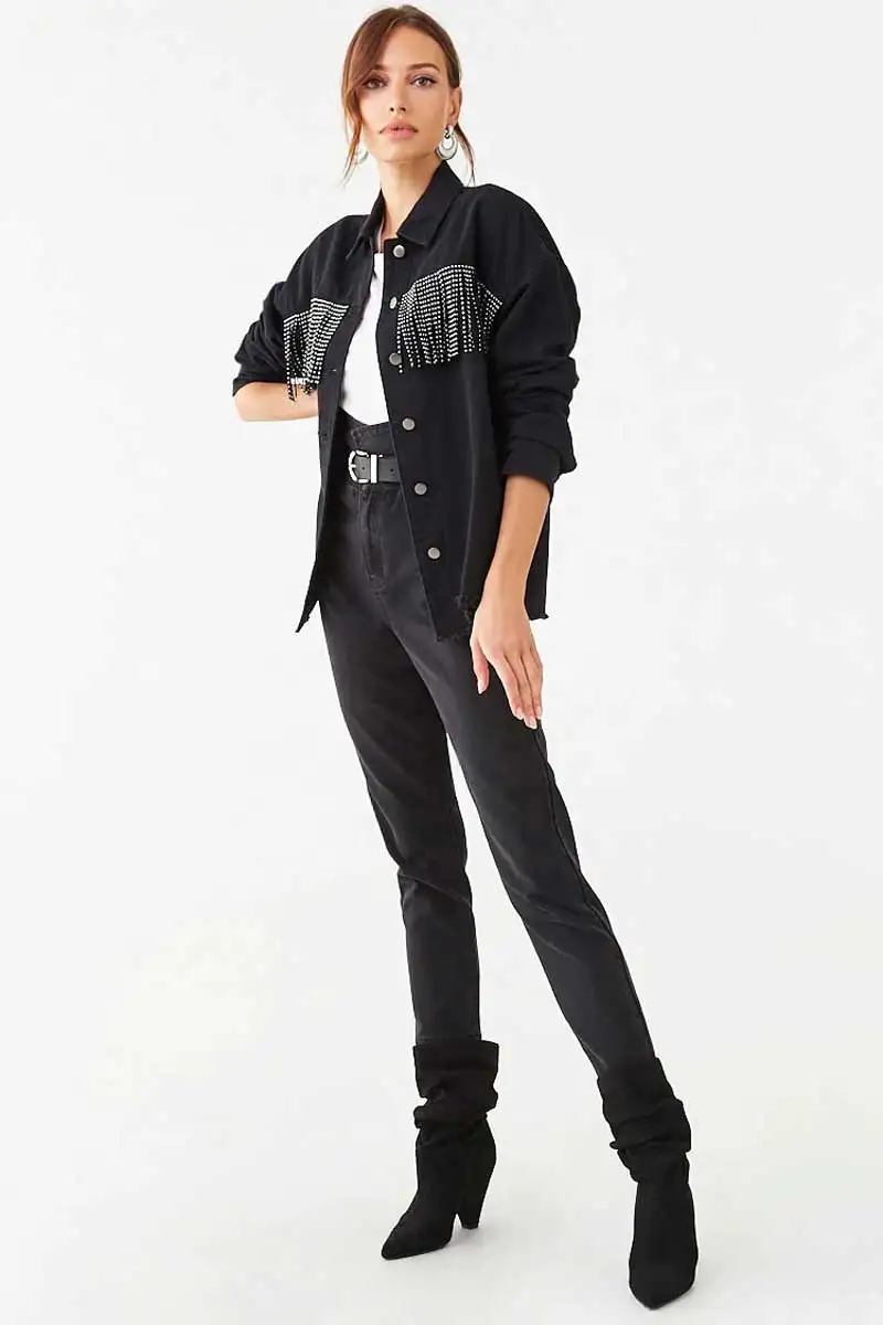 Женская джинсовая куртка GypsyLady черная осенняя с бахромой и бисером потертая