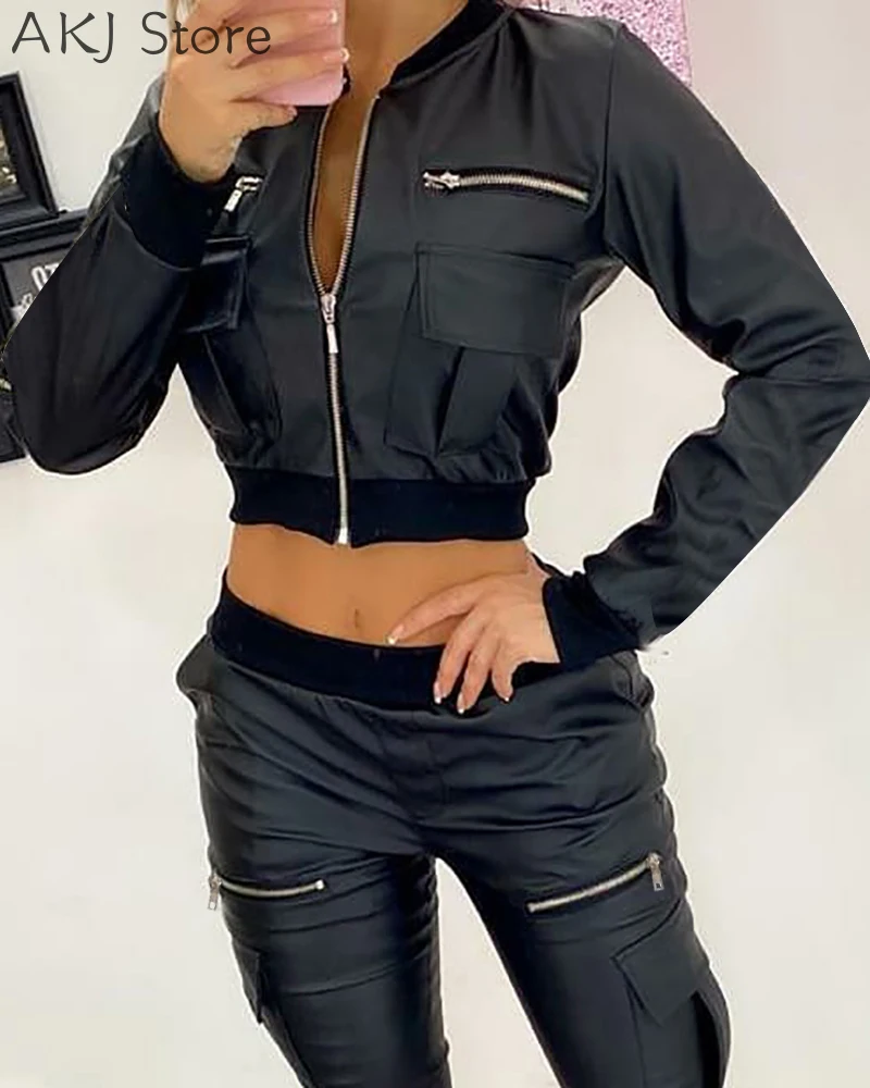 Женский пиджак на молнии с карманами и длинным рукавом облегающие брюки из ПУ