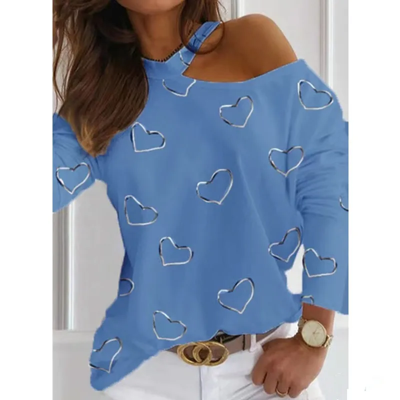 Women's Fashion Print One-Shoulder Long Sleeves Casual Blouses Ladies Heart Printed Tops 
Women's Fashion Print One-Shoulder Long Sleeves Casual Blouses Ladies Heart Printed Tops