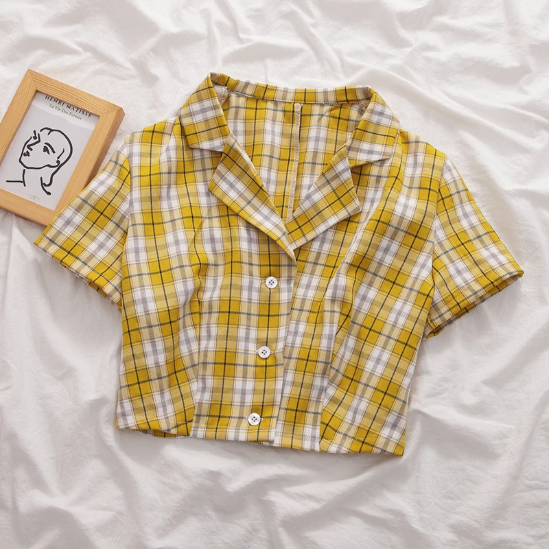 Женская укороченная рубашка винтажная блузка в клетку на пуговицах уличном