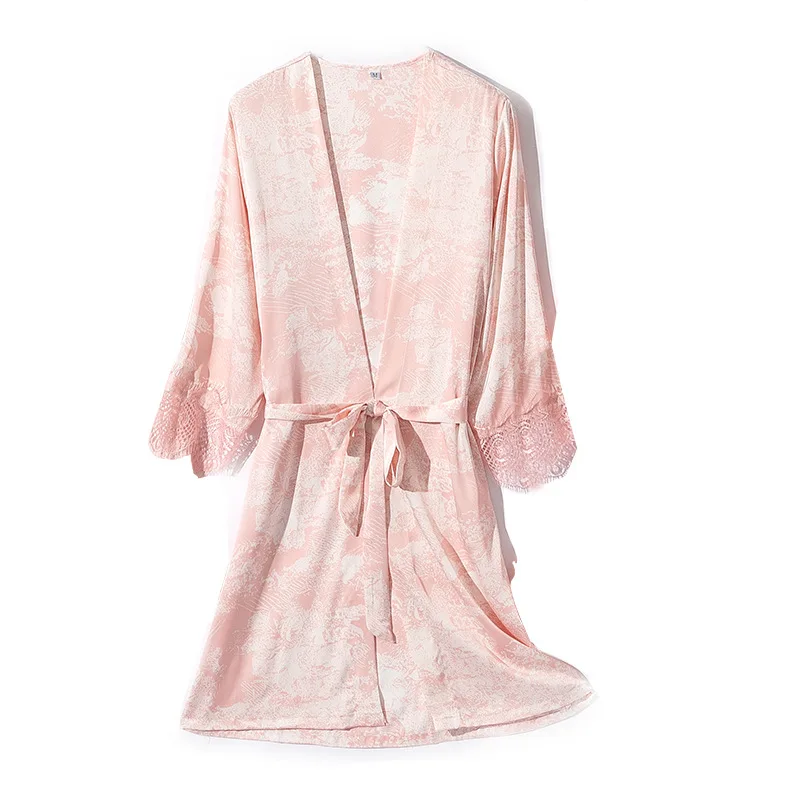 

Sexy Pink Lace Robe Kimono Bath Gown Female Silk Rayon Nightdress Sleepwear Casual Nightgown Intimate Lingerie Summer Homewear