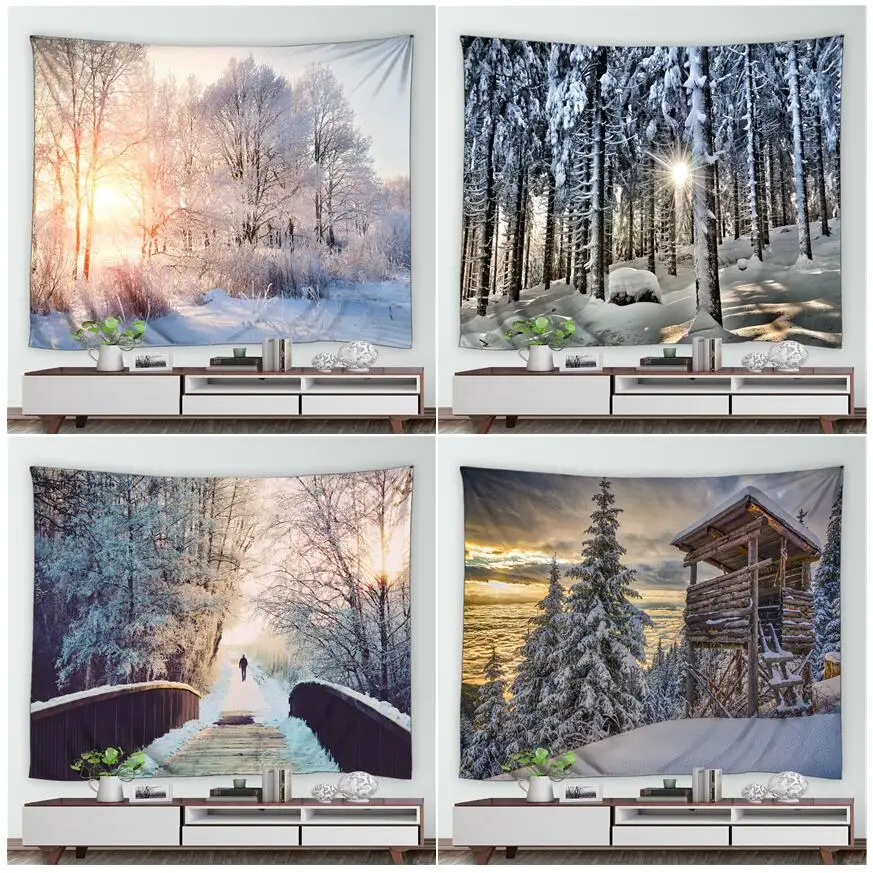 

Winter Forest Tapestry Sunshine White Snow Trees Natural Landscape Wall Hanging Retro Wooden Bridge Cedar Home Room Tapestries