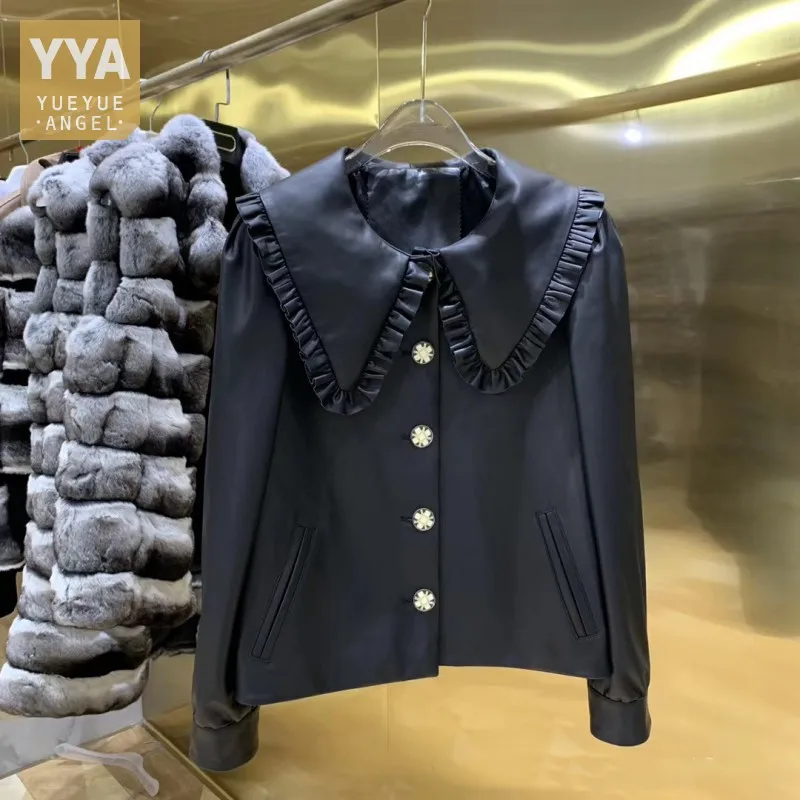 Sweet Ruffle Doll Collar Genuine Leather Jacket Women Preppy Style Fashion Short Outerwear Single Breasted Sheep Leather Coats
Sweet Ruffle Doll Collar Genuine Leather Jacket Women Preppy Style Fashion Short Outerwear Single Breasted Sheep Leather Coats