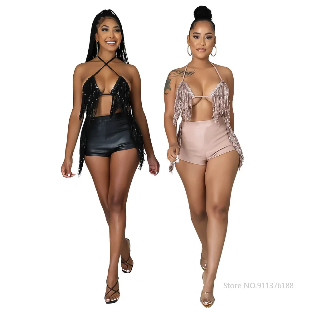 Sexy Halter Sequin Tassel Crop Top Lace Up and High Waist Pu Leather Short Pants Bodycon Night Party Two Piece Set
Sexy Halter Sequin Tassel Crop Top Lace Up and High Waist Pu Leather Short Pants Bodycon Night Party Two Piece Set