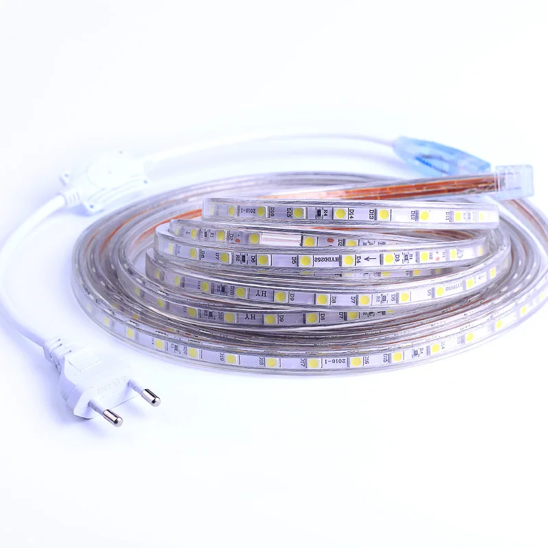 

220V Waterproof Led strip light with EU Plug 5050 SMD flexible Rope 60 Leds/M 1M 2M 3M 4M 5M 6M 7M 8M 9M 10M 15M 20M