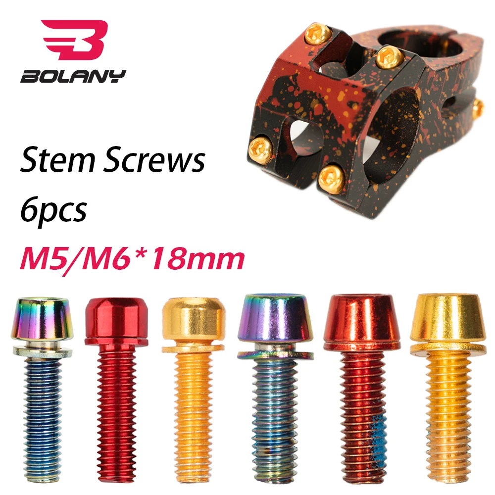 

BOLANY 6pcs Bicycle Stem Screws M5/M6*18mm Handlebar Riser Bolts Colorful Ultralight Stainless-Steel MTB Road bike Accessories