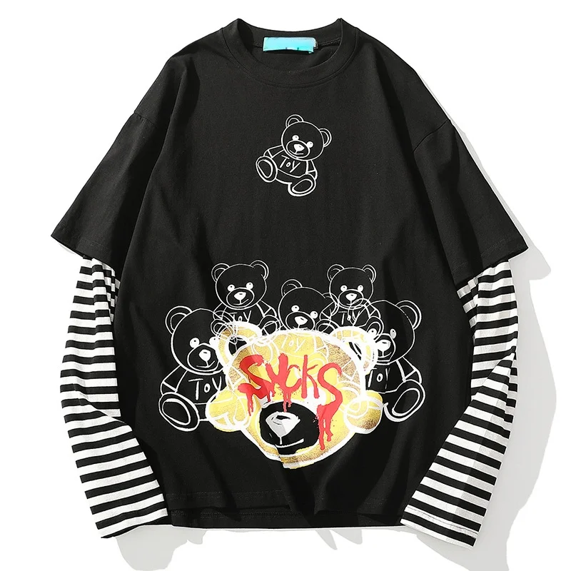 Fake 2 Pieces Striped Printed Long Sleeve Bear Graphic T Shirts Men O-Neck Cotton Harajuku Baggy Tee Shirts Streetwear
Fake 2 Pieces Striped Printed Long Sleeve Bear Graphic T Shirts Men O-Neck Cotton Harajuku Baggy Tee Shirts Streetwear