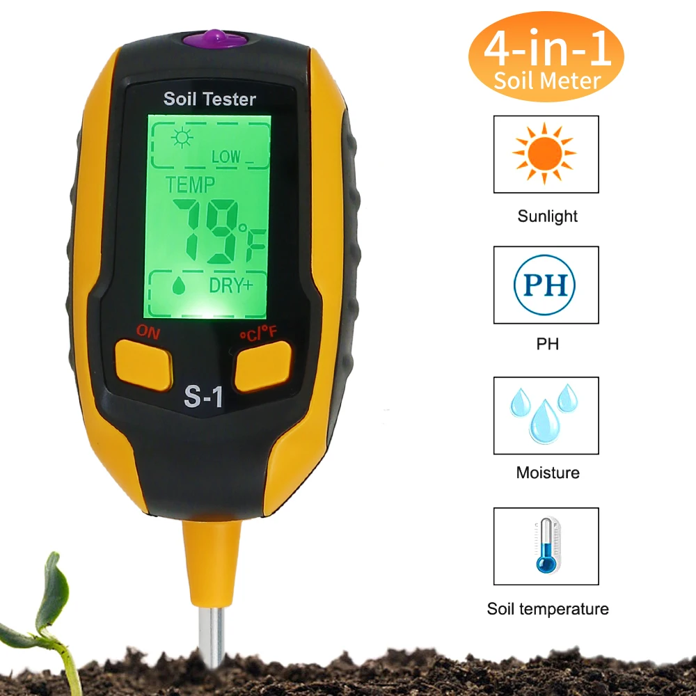 4 in 1 Soil PH Meter Sunlight PH Tester Garden Flower Soil Moisture Sensor Meter Plant Acidity Humidity PH Monitor Thermometer
4 in 1 Soil PH Meter Sunlight PH Tester Garden Flower Soil Moisture Sensor Meter Plant Acidity Humidity PH Monitor Thermometer
