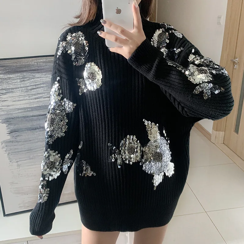 Retro semi-high collar sequined flower thick knit sweater women's lazy wind loose and thin black sweater autumn and winter new
Retro semi-high collar sequined flower thick knit sweater women's lazy wind loose and thin black sweater autumn and winter new