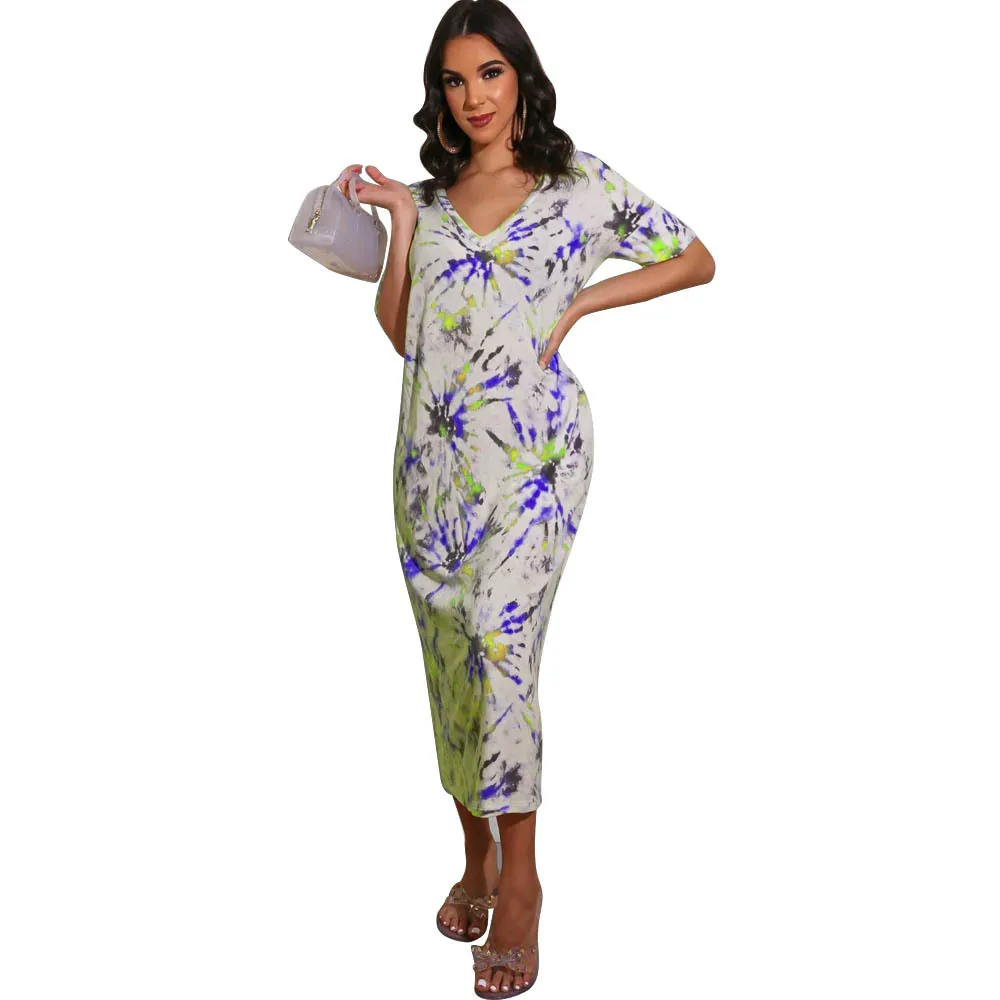 New fashion tie dye print dress summer casual V-neck short sleeve women's long skirt
New fashion tie dye print dress summer casual V-neck short sleeve women's long skirt