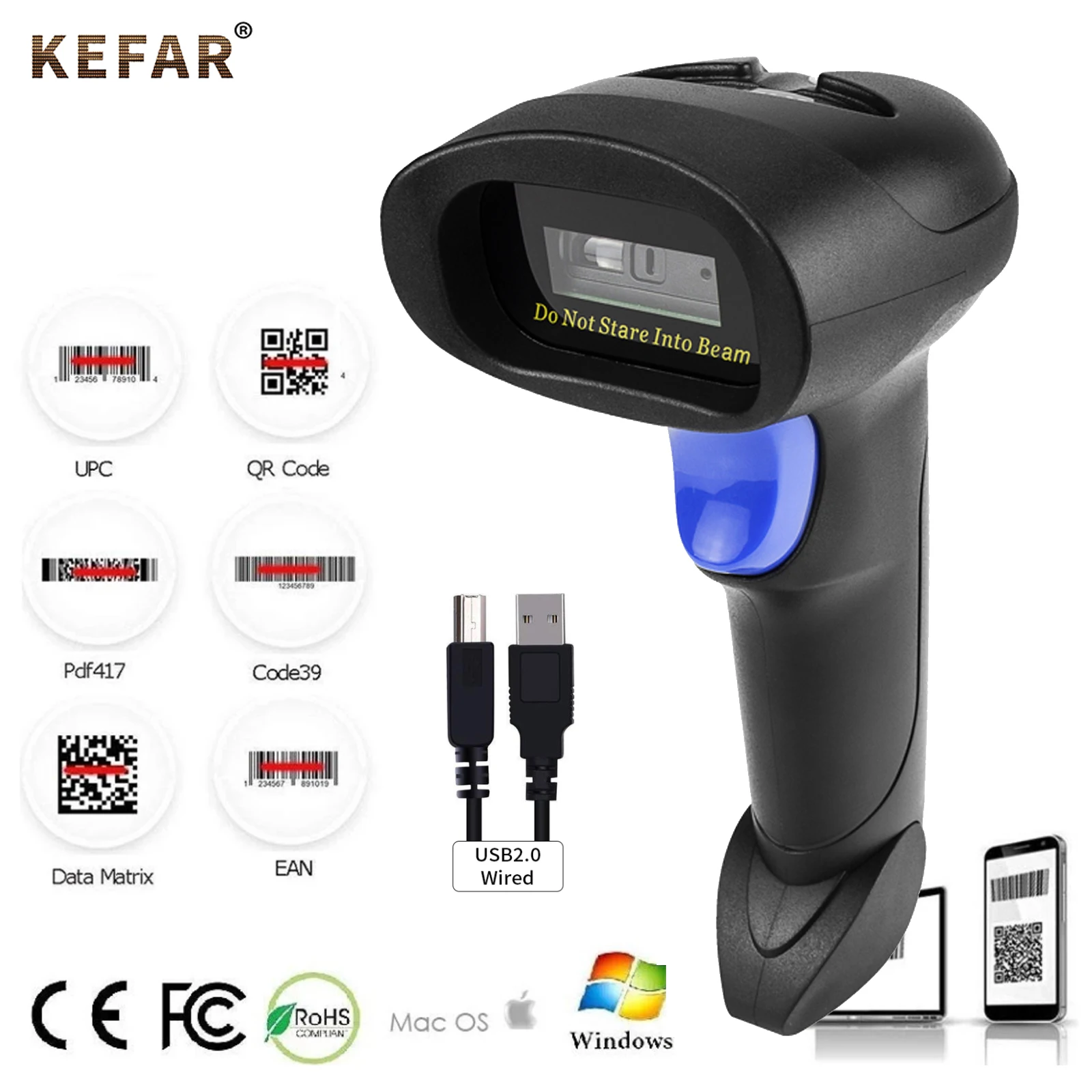 Сканер штрих-кода KEFAR 2D проводной 32 бит ручной КМОП QR считыватель PDF417 сканер для