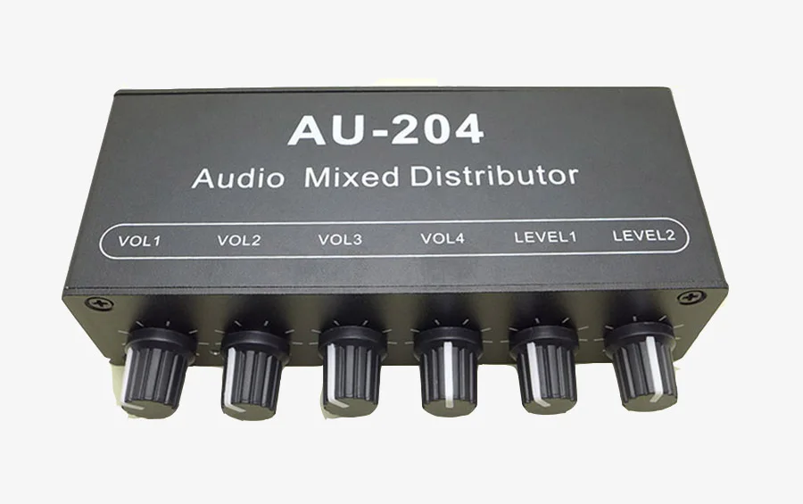 Stereo Mixer audio (2 input 4 output) Push four headphones or external power amplifiers Volume independent control DC5-19V
Stereo Mixer audio (2 input 4 output) Push four headphones or external power amplifiers Volume independent control DC5-19V