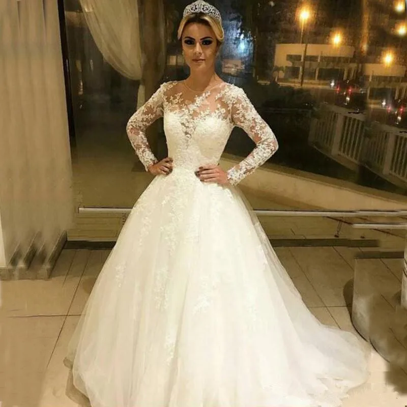 

Modest A-line Wedding Dresses with Illusion Long Sleeves Lace Appliques Tulle Bridal Gowns Arabic Sheer Jewel Neck Sweep Train