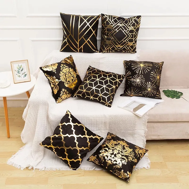 

Throw Pillow Covers 45x45cm Black Gold Color Decorative Pillows Home Square Cushion Covers Plush Hot Stamping Pillow Case