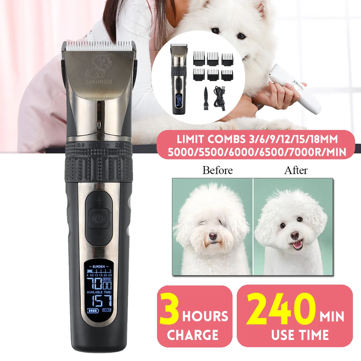 Clipper For Dog/Cat Grooming Clipper Kit Professional USB Rechargeable Low-Noise Pets Hair Trimmer Display Power with Spare Blad
Clipper For Dog/Cat Grooming Clipper Kit Professional USB Rechargeable Low-Noise Pets Hair Trimmer Display Power with Spare Blad