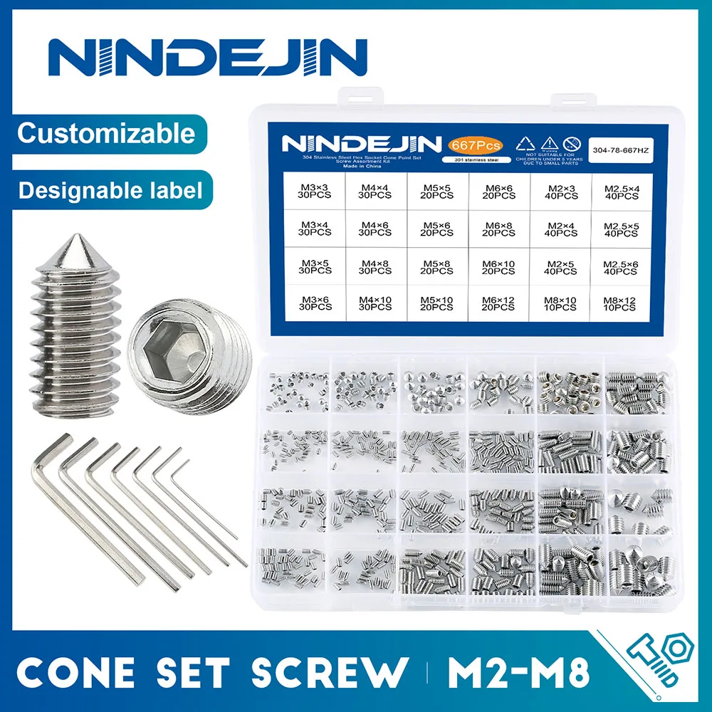 382/667pcs Hex Hexagon Socket Cone Point Set Screw Assortment Kit M2 M2.5 M3 M4 M5 M6 M8 Stainless Steel Grub Screw With Hex Key
382/667pcs Hex Hexagon Socket Cone Point Set Screw Assortment Kit M2 M2.5 M3 M4 M5 M6 M8 Stainless Steel Grub Screw With Hex Key