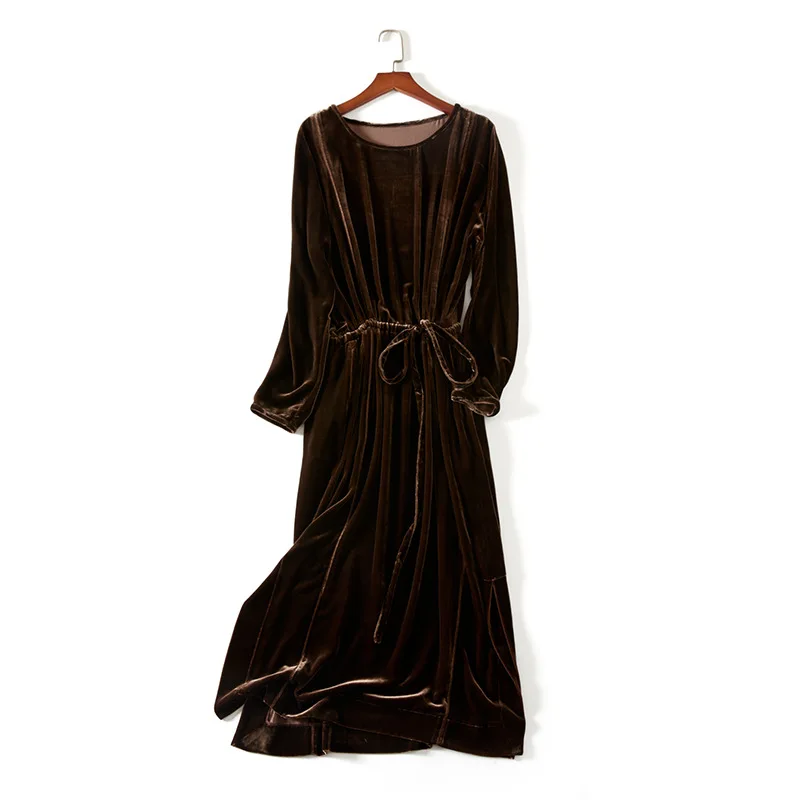 O Neck Velvet Mid-calf Dress Women Fashion Slim Full Sleeves Sash Comfort Wine Red Color Vintage Casual Dress Coffee Color Dress
O Neck Velvet Mid-calf Dress Women Fashion Slim Full Sleeves Sash Comfort Wine Red Color Vintage Casual Dress Coffee Color Dress